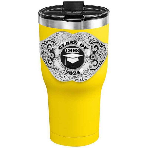 A customized tumbler made of stainless steel with a personalized engraved Class of 2024 lettering with graduate cap figure, 30 oz, ideal for coffee or cool drinks